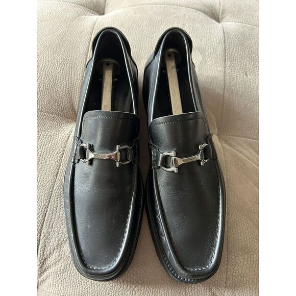 SALVATORE FERRAGAMO MEN\'S BLACK LEATHER HORSE BIT LOAFERS SHOES 9D